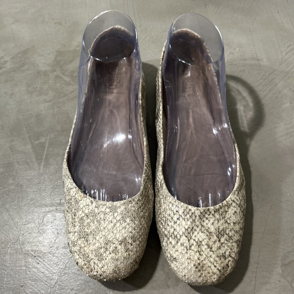TORY BURCH Travel T Snake Embossed Sparkling Leather Ballet Flats Roccia Size 8M